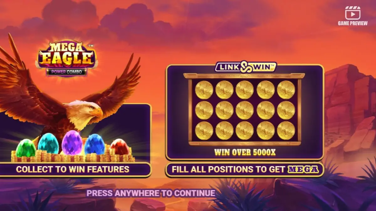 Pemandangan pegunungan dan elang dalam slot Mega Eagle Power Combo
